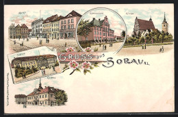 Lithographie Sorau /N. L., Strassenpartie Am Markt, Schloss, Rathaus  - Sonstige & Ohne Zuordnung