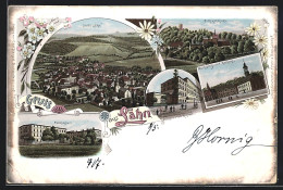 Lithographie Lähn, Wasser-Heil-Anstalt, Pädagogium, Markplatz Mit Rathaus  - Schlesien