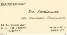 75 LES SARDINEAUX Rue FOURCROY 75007 PARIS / CARTE De VISITE Publicitaire PUB Restaurant - Visiting Cards