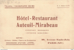 HOTEL Restaurant MIRABEAU Rue Emile Zola 75015 PARIS / CARTE De VISITE Publicitaire PUB Restaurant - Visitenkarten