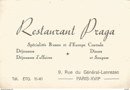 75 Restaurant PRAGA Rue General Lanrezac PARIS 75017 / CARTE De VISITE Publicitaire PUB Restaurant - Tarjetas De Visita