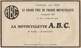 Motocyclette A.B.C. - G.P. De France - Pubblicità D'epoca - 1922 Old Ad - Advertising