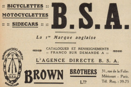 Moto, Bici E Sidecar B.S.A. - Pubblicità D'epoca - 1920 Old Advertising - Advertising