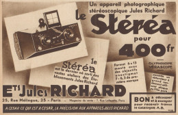 Stéréa Appareil Photografique J. RICHARD - Pubblicità D'epoca - 1933 Ad - Advertising