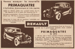 RENAULT Primaquatre 4 Cylindres - Pubblicità D'epoca - 1931 Old Advert - Advertising