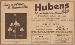 Lustre En Bronze à 6 Lumières HUBENS - Pubblicità D'epoca - 1933 Old Ad - Advertising