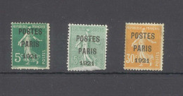 PREOBLITERE - Postes Paris 1921 - Types Semeuses - Yvert 26, 28, 29 - Sans Gomme - 1893-1947