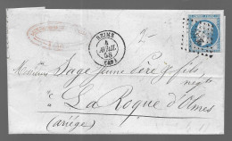 Timbre Napoléon III Bleu 20 Centimes Sur Lettre, Oblitération Losange N° 2642 Reims (As) - Handstempel