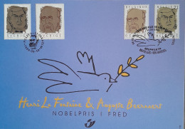 Belgique ( Nrs 2838 - 39 ) Et La Suède ( Nrs 2123 - 24 ) / Carte Souvenir => Prix Nobel H. La Fontaine  &  A. Beernaert - Lettres & Documents