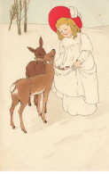 ILLUSTRATEUR #MK48522 FILLETTE EN ROBE BLANCHE CHAPEAU ROUGE ET DEUX BICHES - Sin Clasificación