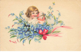 FANTAISIES #MK48968 UNE FILLETTE AVEC UN OEUF ET FLEURS MYOSOTIS BLEU - Sonstige & Ohne Zuordnung