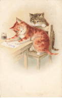 CHATS AB#MK283 DEUX CHATS HUMANISES ECRITURE SUR UNE FEUILLE - Chats