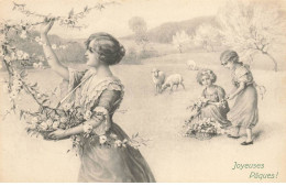 ILLUSTRATEUR AB#MK117 JOYEUSES PAQUES FEMME ET ENFANTS PANIER DE FLEURS MOUTONS PAR VIENNE MUNK - Vienne