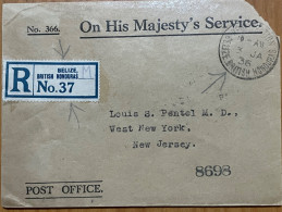 BELIZE BRITISH HONDURAS 1936, ON HE'S MAJESTY SERVICE COVER, REGISTRATION USED TO USA, NEW YORK 2 DIFF CANCEL. - Belize (1973-...)