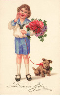 CHIENS AC#MK870 BONNE FETE FILLETTE BOUQUET DE FLEURS ET UN CHIEN - Dogs