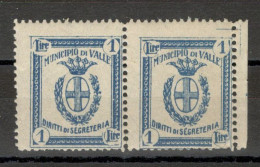 ITALY - MNH PAIR LOCAL ISSUE, Municipal Brand City Hall Of Valle Secretariat Rights 1 Lira - Unclassified