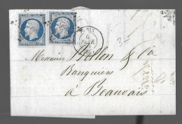 Paire De Timbres Napoléon III Bleu 20 Centimes Sur Lettre, Oblitération étoile Paris (As) - Manual Postmarks