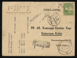 Sri Lanka Ceylon 1953 PC  FTS Cancel Postage Due 1a 9p To South India - Sri Lanka (Ceylan) (1948-...)