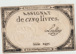 ASSIGNAT FRANCE - CINQ LIVRES Créé Le 10 Brumaire L'an 2 De La République  - Signé Leullier - Série 2497 - Pas Courant - Otros – Europa