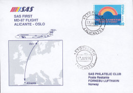 Spain SAS First MD-87 Flight ALICANTE - OSLO, Aeropuerto (Alicante) 1995 Cover Brief Letra Volvera Empezar Stamp - Briefe U. Dokumente