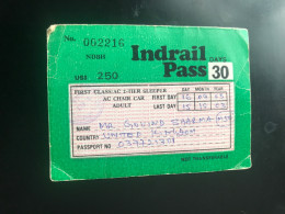 2003 Indrail Pass 30 Days US$250 Used Scarce See Photos - Railway