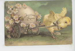 POUSSINS - Jolie Carte Fantaisie Attelage Poussin Fleurs Et Oeuf De "Joyeuses Pâques" - Pasen