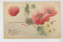 FLEURS - Jolie Carte Fantaisie Gaufrée Coquelicots Marguerites Fer à Cheval Coeurs "Bonne Fête" (embossed Card) - Fleurs