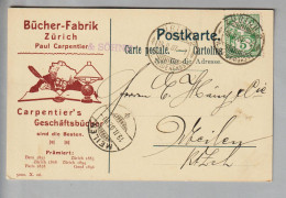 Schweiz Wertziffer 1907-02-18 Zürich Illustrierte Postkarte Nach Meilen "Bücher-Fabrik" - Covers & Documents