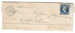 N° YT 14A Sur Lettre De Bollene  Vaucluse Pour Pierrelatte 1857  Cachet Ambulant Marseille à Lyon - 1849-1876: Classic Period