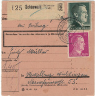 Paketkarte Schönwald Schwarzwald > Heidelberg 194? - Covers & Documents