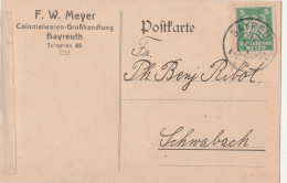 Deutsches Reich Firmenkarte Bayreuth 1926 F. W. Meyer Colonialwaren Großhandlung Nach Schwabach - Briefe U. Dokumente