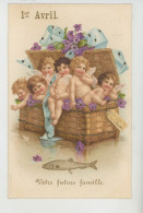 ENFANTS - ANGES - Jolie Carte Fantaisie Angelots Dans Malle En Osier Et Poisson 1er Avril "Votre Future Famille " - April Fool's Day