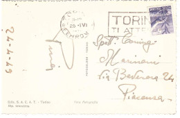 CARTOLINA TORINO PANORAMA ANNULLO TARGHETTA TORINO TI ATTENDE - 1946-60: Storia Postale