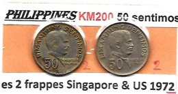 PHILIPPINES  Réforme Coinage, 50 Sentimos  Del PILAR  KM 200 ,  Les 2 Frappes De 1972 TTB - Philippinen