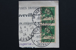 1924 FRAGMENT  CAD NEUVEVILLE / BERNE DU 9.VII.24 SUR Y&T CH 161 Mi CH 164x 10c PAIRE VERTICALE GUILLAUME TELL.. - Gebraucht