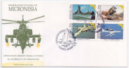 Operation Desert Shield Storm, Fighter Plane, Lockheed Stealth Bomber, Apache Helicopter, Peace, Bird, Micronesia FDC - Helicópteros