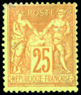 France N° 92 * SAGE Type II 25 C Bistre S. Jaune - 1876-1898 Sage (Type II)