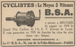 Le Moyeu 3 Vitesses B.S.A. - Pubblicità D'epoca - 1925 Old Advertising - Advertising