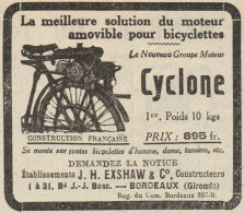 Moteur Pour Bicyclettes CYCLONE - Pubblicità D'epoca - 1925 Old Advert - Advertising