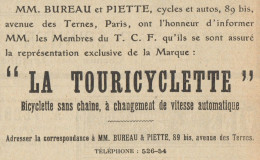 Bicyclette Sans Chaine LA TOURICYCLETTE - Pubblicità D'epoca - 1908 Old Ad - Advertising
