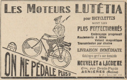 Moteur Pour Bicyclettes LUTETIA - Pubblicità D'epoca - 1924 Old Advert - Advertising