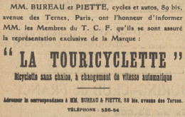 Bicyclette Sans Chaine LA TOURICYCLETTE - Pubblicità D'epoca - 1908 Old Ad - Advertising