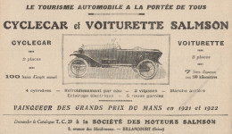 Cyclecar Et Voiturette SALMSON - Pubblicità D'epoca - 1923 Old Advertising - Publicidad