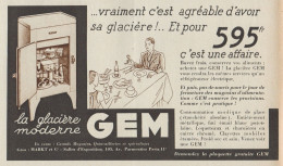La Glaciére Moderne GEM - Pubblicità D'epoca - 1937 Old Advertising - Publicidad