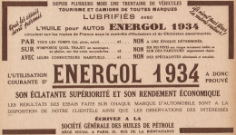 Huile Pour Autos ENERGOL - Pubblicità D'epoca - 1934 Old Advertising - Pubblicitari