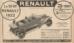 Voiture RENAULT 10 HP - Elenco Prezzi - Pubblicità D'epoca - 1922 Old Ad - Publicidad