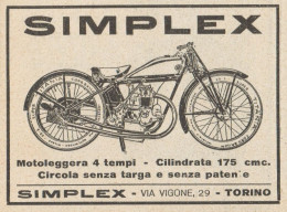 Motoleggera 4 Tempi SIMPLEX 175 Cmc. - Pubblicità D'epoca - 1929 Old Ad - Publicidad