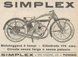 Motoleggera 4 Tempi SIMPLEX 175 Cmc. - Pubblicità D'epoca - 1929 Old Ad - Publicités