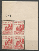 TUNISIE N° 244 Bloc De 4 Coin Daté  7 / 43 NEUF** SANS CHARNIERE NI TRACE / Hingeless  / MNH - Unused Stamps