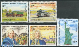 Mauritania 1985 Anniversaries 5v, Mint NH, Performance Art - Transport - Music - Railways - Art - Sculpture - Musique